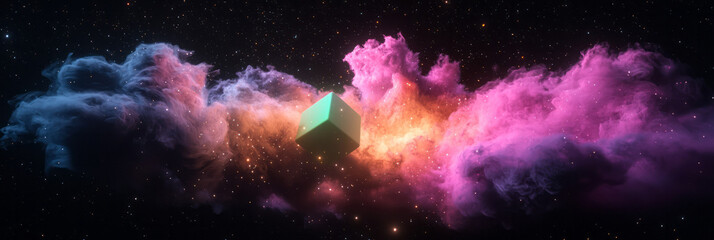 Naklejka premium Abstract cosmic scene where the lime-tinted cube drifts in a celestial wash of pastel pink, indigo,