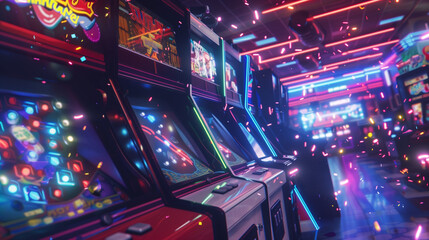 A dynamic action shot of a player reaching a high score in a vintage arcade game, with flashing lights and colorful elements popping around them.