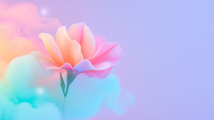 Whimsical pastel clouds behind a softly lit marigold bud, with hints of bokeh orbs gleaming in a