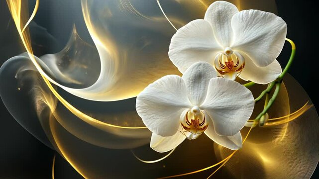 Beautiful white orchids bloom gracefully against a shimmering golden background in a serene nature setting