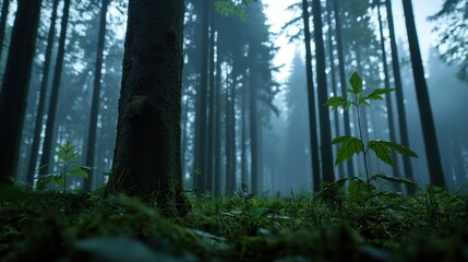 Naklejka premium A serene forest setting features towering trees shrouded in mist, with soft, green undergrowth illuminated by the early morning light. The tranquil atmosphere invites exploration
