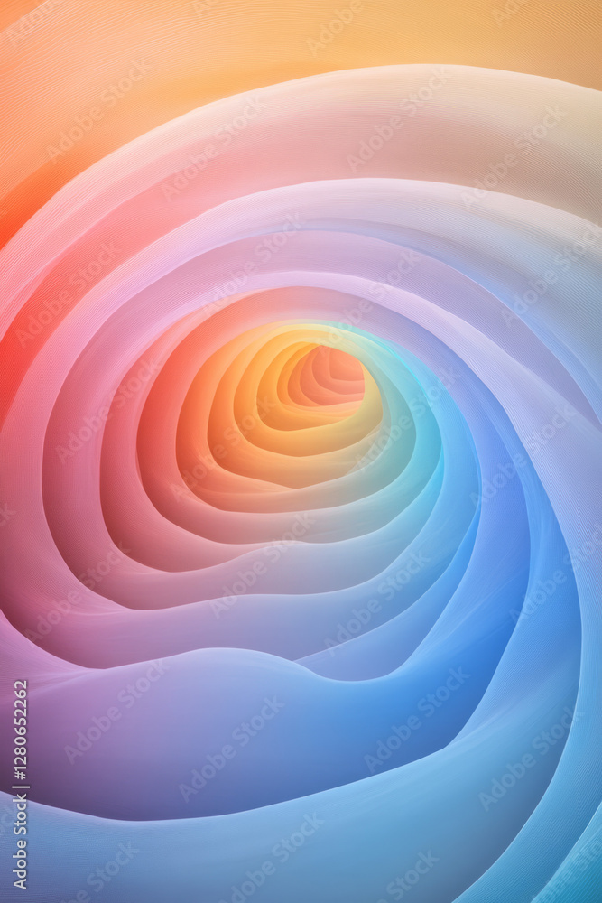 Poster hypnotic, infinite loop design of luminous arcs, each tinted with a gradient from warm red to soft