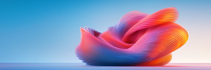 Rippled cylindrical forms tinted in bright crimson and shaded navy, swirling upward like a twisting