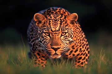 Majestic leopard prowls through tall grass, showcasing stunning