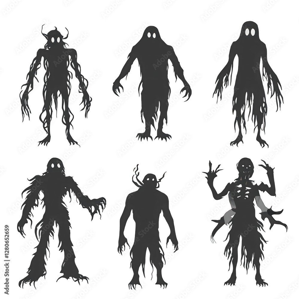 Poster set of ominous shadow figures isolated on transparent background