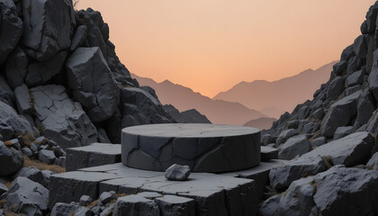 Scenic Stone Platform in Rocky Mountains at Sunset – Tranquil Natural Landscape with Rugged Terrain