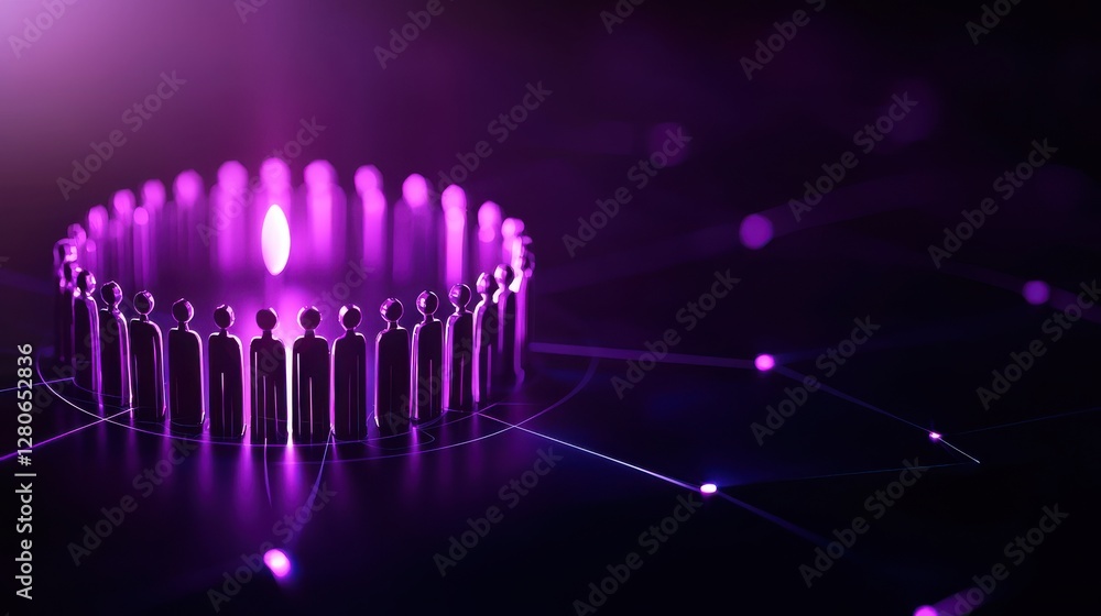 Poster a group of abstract figures stands in a circular formation, illuminated by a purple glow, creating a