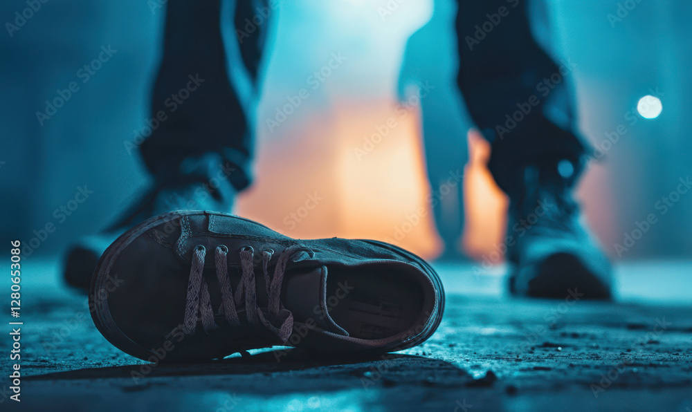 Poster exploring the narrative of abandonment: a striking perspective on a shoe in an urban environment hig