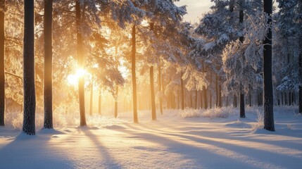 A sunlit snowy forest with glistening frost-covered trees in the early morning.
