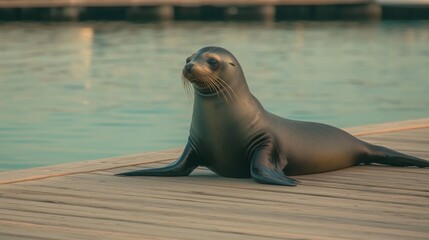 Obraz premium Seal lounging on wooden dock, basking in sunlight, serene water