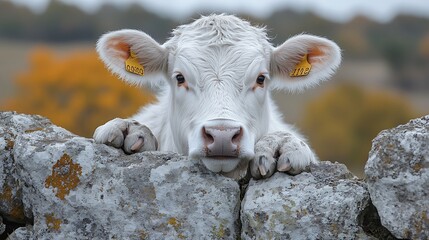 Obraz premium Curious white calf peering over stone wall, autumnal landscape