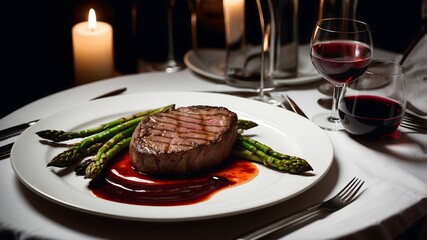 An elegant fine dining setup with a perfectly seared steak, grilled asparagus, and a glass of red wine, set on a sleek table with candlelight and silverware.