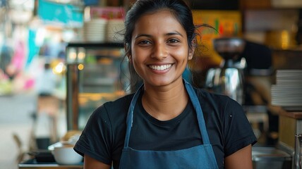 Indian cafe worker wearing a black Chinese collar T-shirt and a blue apron.