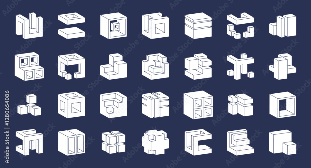 Poster cube logo icon. 3d isometric shapes. geometric tech design. graphic structure. square block. abstrac