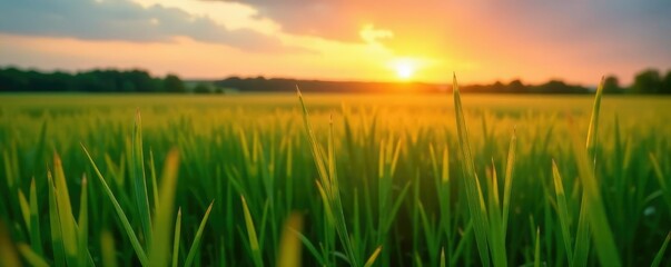 Obraz premium Gentle breeze rustles the blades of tall green grass as sun dips low in the horizon, landscape, field, grass