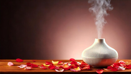 An overhead shot of a ceramic diffuser emitting gentle mist, placed on a wooden table surrounded by scattered rose petals