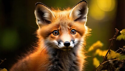Red fox gazes curiously in a sunlit forest amidst vibrant autumn foliage