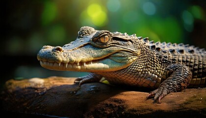 Fototapeta premium Crocodile basking on a sunlit rock in a serene natural habitat
