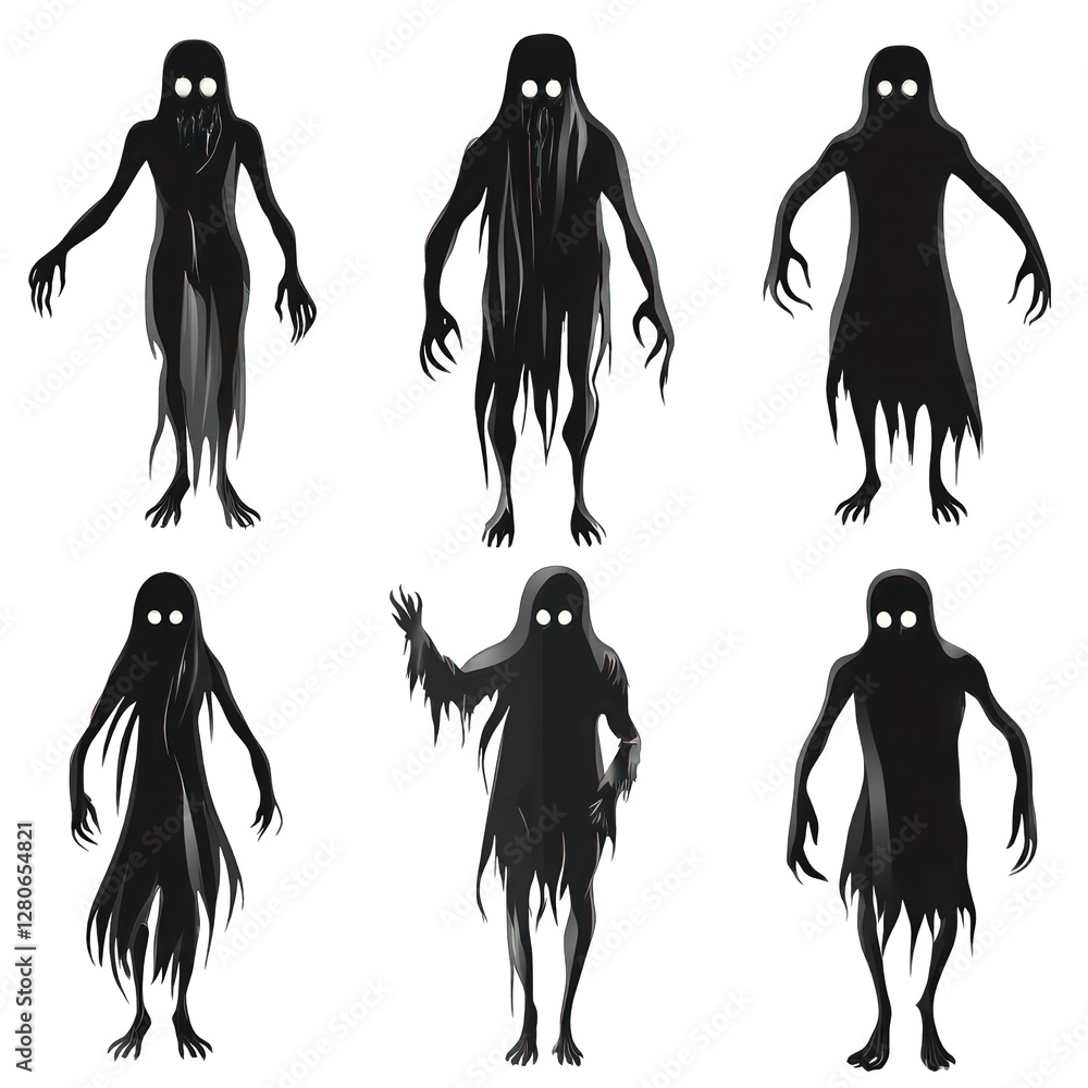 Poster set of ominous shadow figures isolated on transparent background