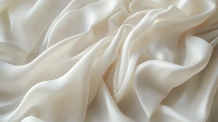 A close-up view of luxurious, silky white fabric with gentle folds, creating a soft and elegant texture.