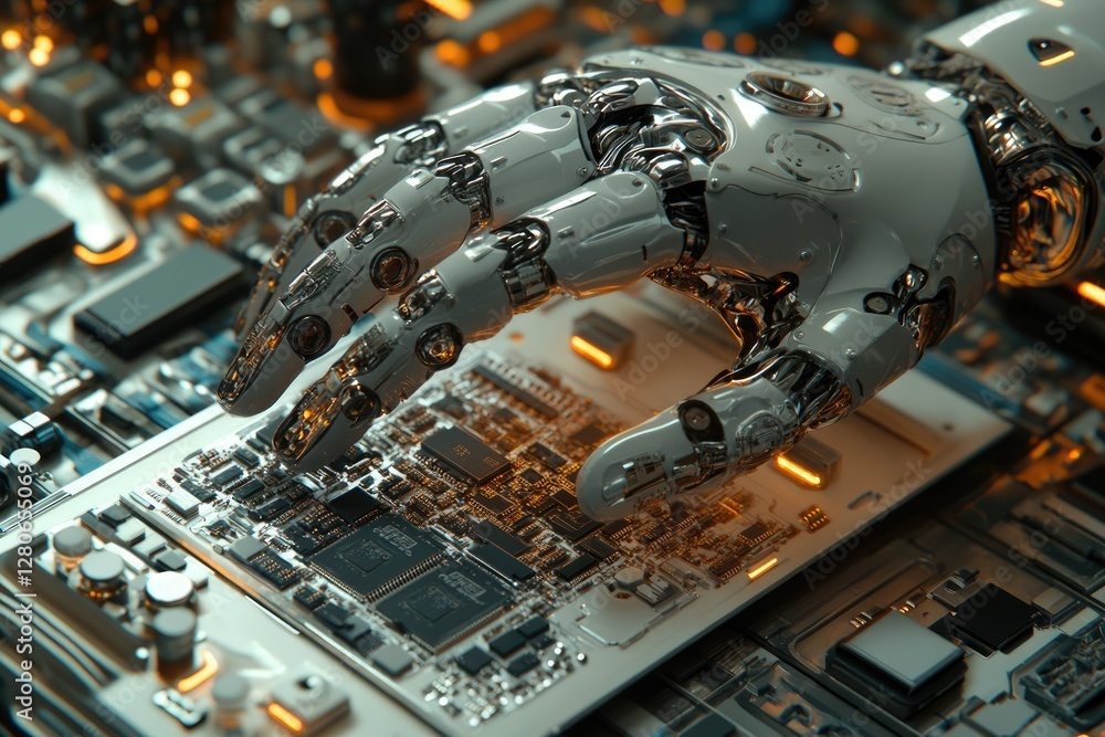 Poster a robotic hand delicately interacts with a complex circuit board, showcasing advanced technology and
