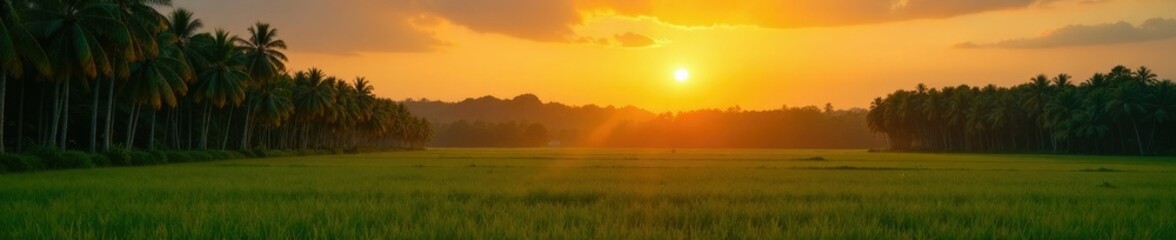 Obraz premium Golden sunrise on rubber tree plantation at dawn, green fields, tropical landscape, serene landscape