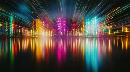 Printed kitchen splashbacks A vibrant city skyline at night, reflected in water, showcasing colorful lights and dynamic movement.