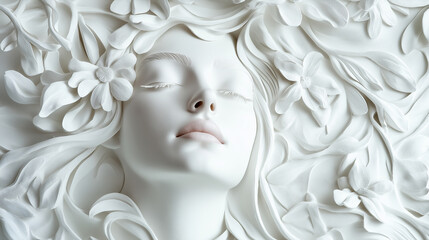 Naklejka premium A serene white bas-relief of a womanâs face, the flowing strands of her hair mingling with intricately sculpted flowers, creating a tranquil and harmonious composition.