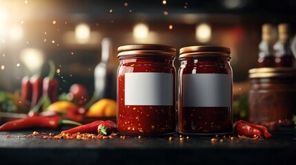 Spicy chili sauce jars with blank labels in vibrant kitchen setting