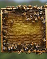 Honeycomb and Bees: A close-up shot of a honeycomb teeming with industrious bees, showcasing the intricate hexagonal structure and the golden, natural beauty of the bee's creation.