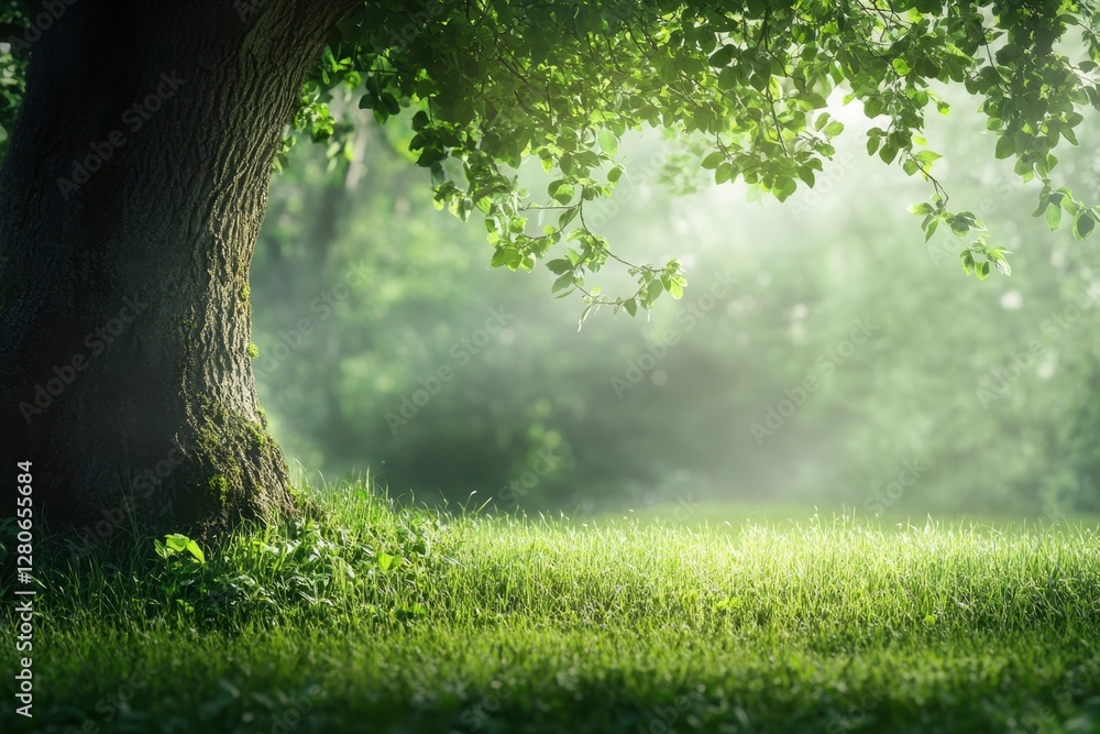 Poster sunlight filters through leaves of a large tree in a tranquil green forest setting