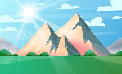 Mountain landscape. Summer nature. Sunny day. Rock peaks. Ridge scenery. Forest trees. Hiking travel. Green hills meadow. Sun beams. Sky clouds. Sunlight rays. Scenic wild panorama. Vector background
