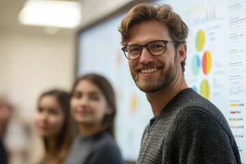 Obraz premium A smiling man in glasses stands confidently before a whiteboard with charts, two women blurred in the background.
