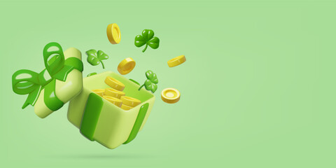 St. Patricks Day background with 3d opened green gift box shamrock and gold coins. Wealth, luck, sale and discount concept vector illustration.