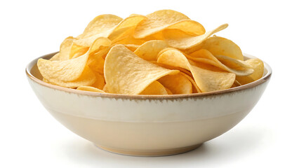 Golden crispy potato chips neatly arranged in a bowl for snacking delight.