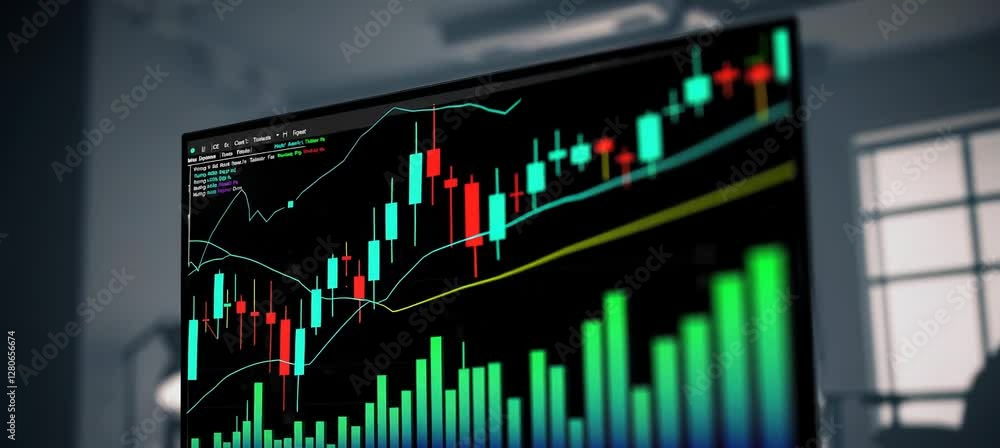 Poster dynamic growth displayed on stock market analysis with rising bar and line charts