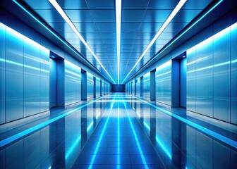 Fototapeta premium Abstract sci-fi design floods a modern high-ceilinged building with a futuristic blue corridor's glow.