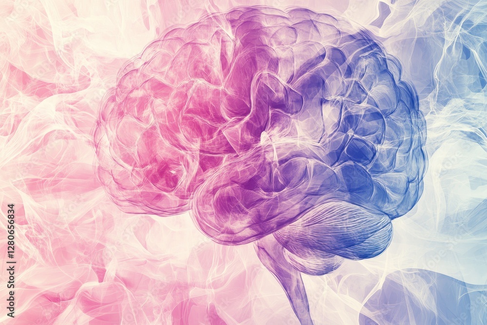 Poster creative visualization of a brain surrounded by colorful abstract smoke patterns