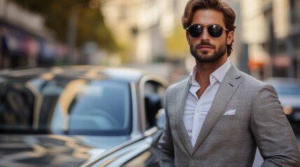 Sophisticated man in stylish suit stands confidently next to luxury car on sunny day in urban setting