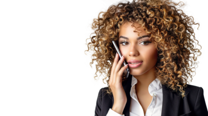 A Friendly Curly-Haired Businesswoman Managing Communication on Transparent Background, PNG