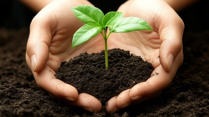 Hands nurturing a young plant in fertile soil under soft lighting