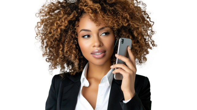 A Friendly Curly-Haired Businesswoman Managing Communication on Transparent Background, PNG