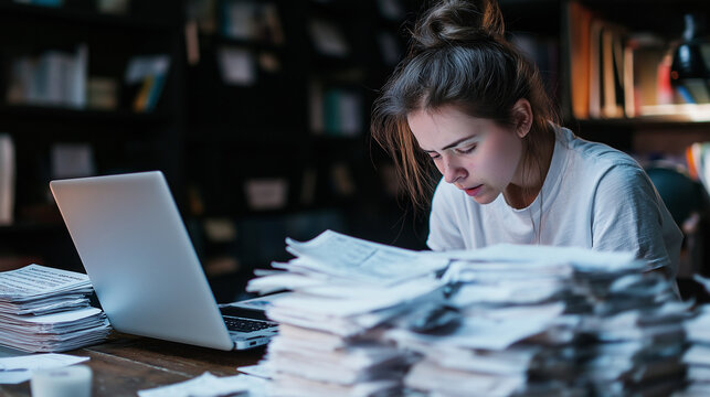 A woman in her home office, her head down in frustration, as she scrolls through financial statements on her laptop, with a large stack of invoices piling up beside her.