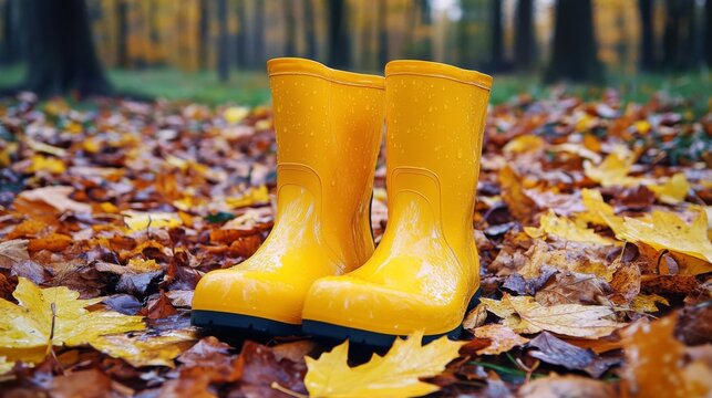 Bright yellow rain boots stand on colorful autumn leaves in a serene forest setting during a rainy day