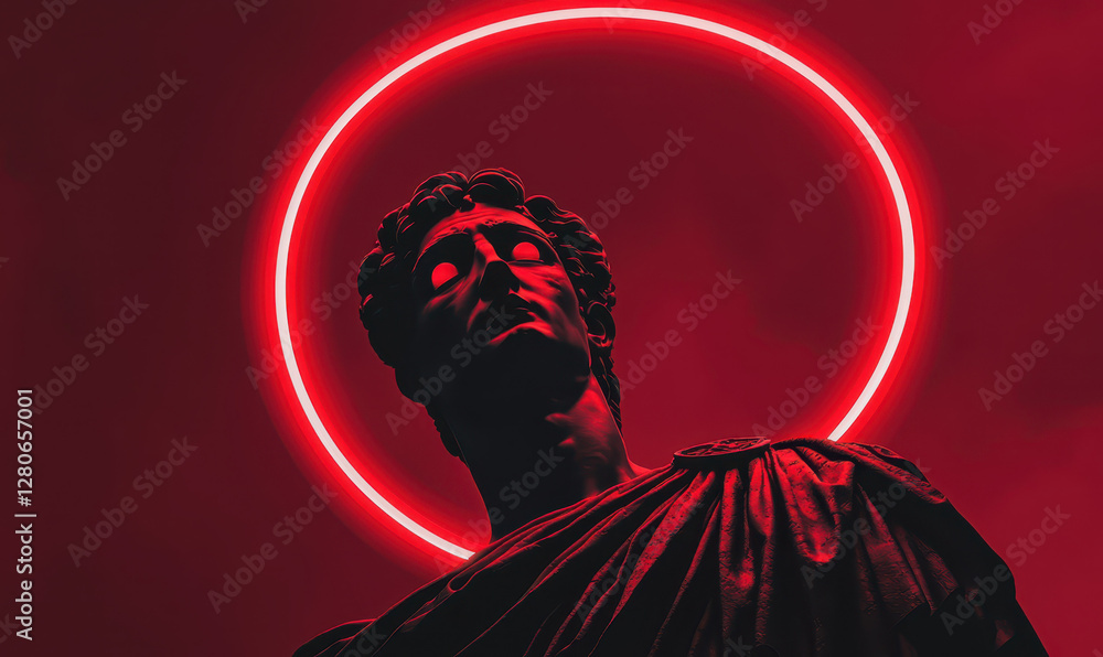 Poster a captivating modern interpretation of a classic statue illuminated by red light, symbolizing the in
