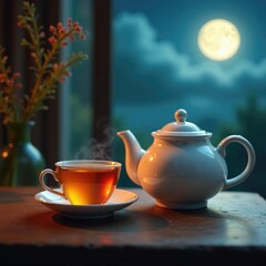 Fototapeta premium Moonlit teapot beside delicate porcelain cups, tea, elegance, sophistication