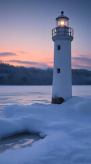 Snow-covered Lighthouse by Frozen Lake at Twilight  