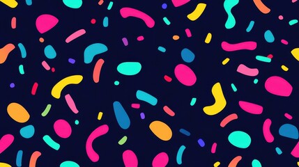 A vibrant abstract pattern featuring colorful shapes and splashes on a dark background, offering a playful and energetic vibe.