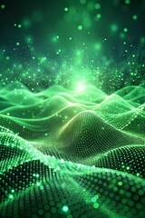 Futuristic Green Wave: Glowing Particles, Digital Network, and Abstract Technology Flow