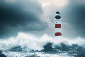Dramatic Storm at Modern Lighthouse with Crashing Waves  